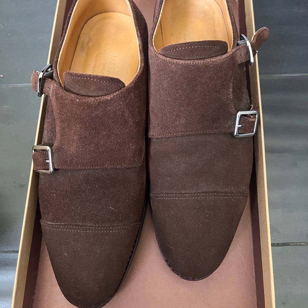 Meermin Mallorca 101341 Rapello Marron Brown Suede Double Monk Shoes UK 5 In Box